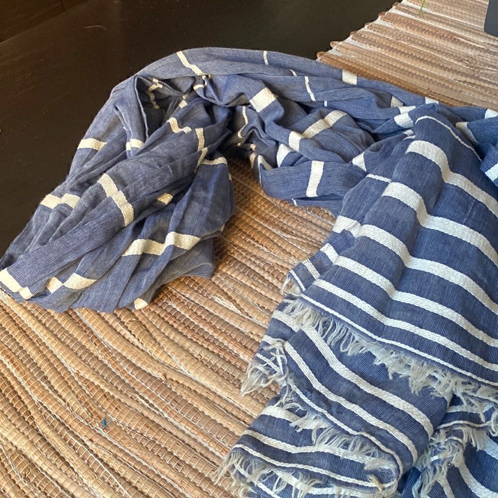 EUC denim blue with cream stripes scarf . Wide , makes full wraps